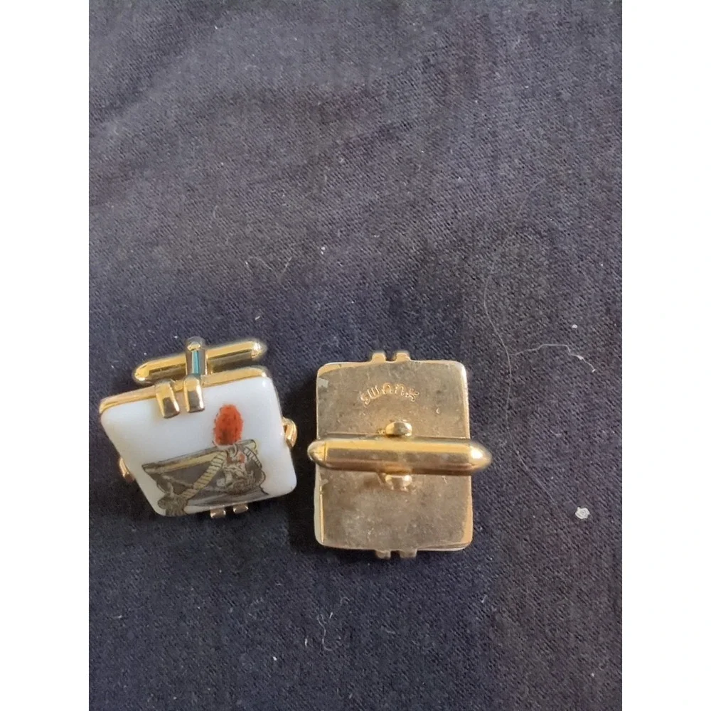 Vintage Swank White Glass with‎ Hat Military Feather Cufflinks